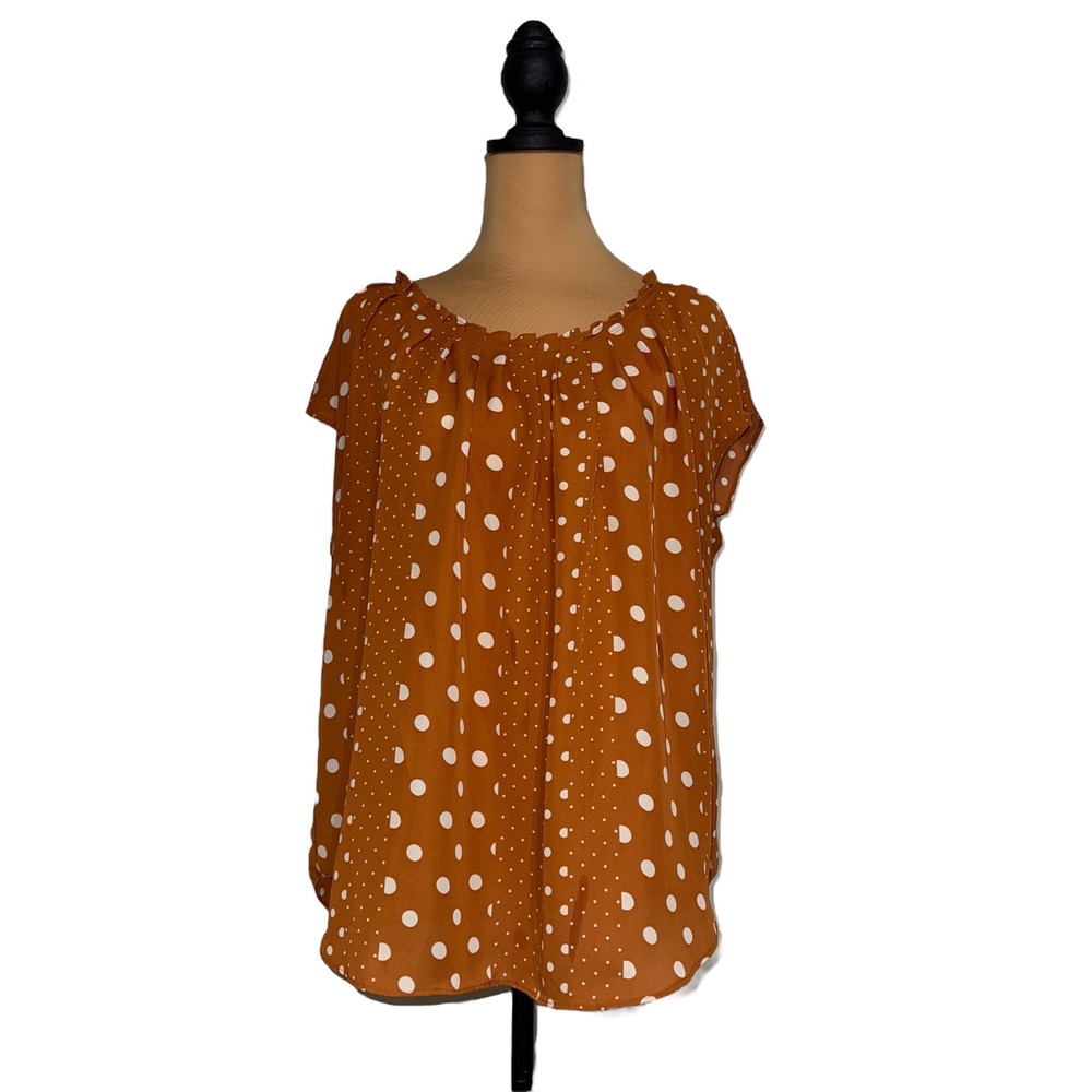 LC Lauren Conrad XL Blouse Top Rust Orange White Polka Dot‎ Tie Back
